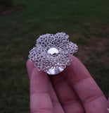 Silver Crocheted Wire Flower Cocktail Ring