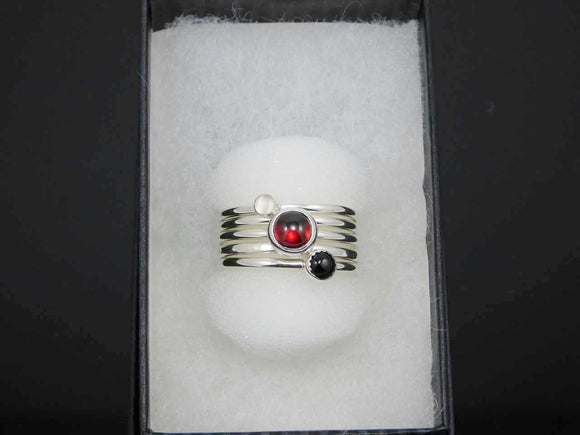 Silver Stacking Rings with Garnet, Black Onyx, and Moonstone