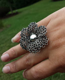 Silver Crocheted Wire Flower Cocktail Ring