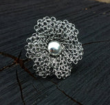 Silver Crocheted Wire Flower Cocktail Ring