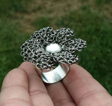 Silver Crocheted Wire Flower Cocktail Ring