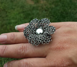 Silver Crocheted Wire Flower Cocktail Ring