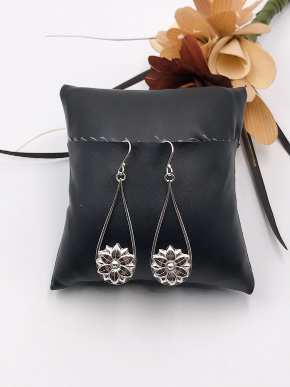 Silver Teardrop and Flower Dangle Earrings