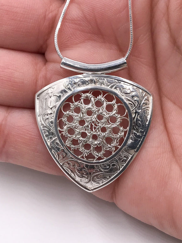 Triangle with Crocheted Wire Silver Pendant