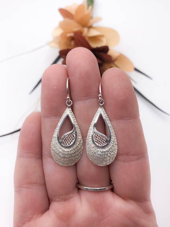 Silver Textured Teardrop and Mesh Earrings