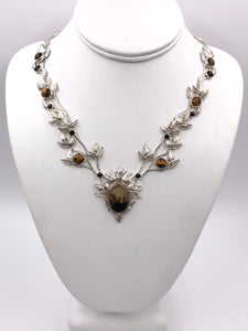 Dendritic Agate, Tiger's Eye, and Black Onyx Silver Necklace