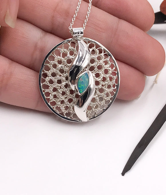 Australian Opal with Crocheted Wire Silver Pendant