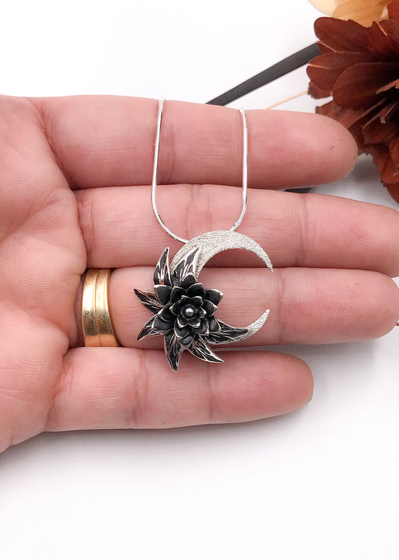 Silver Crescent Moon and Lotus Blossom Pendant