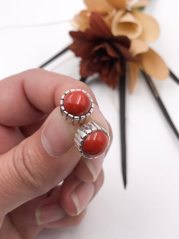 Red Bamboo Coral and Silver Stud Earrings