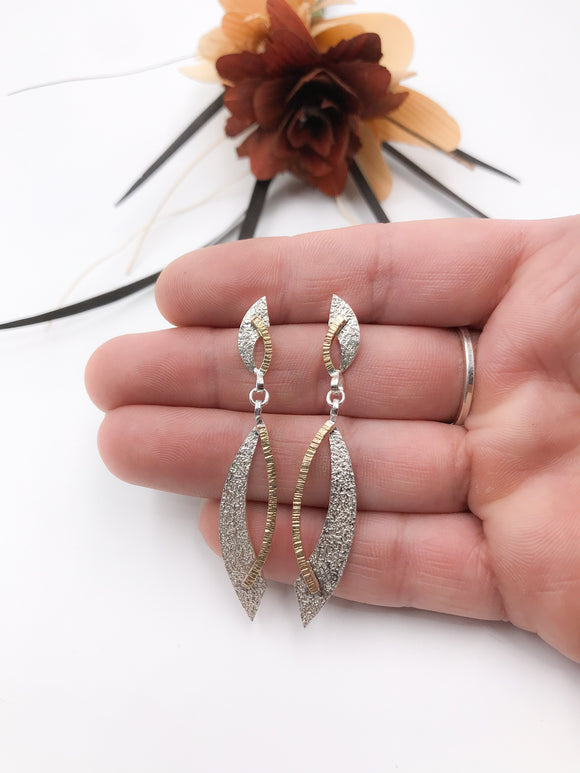 Silver and Gold Textured Swoop Dangle Earrings