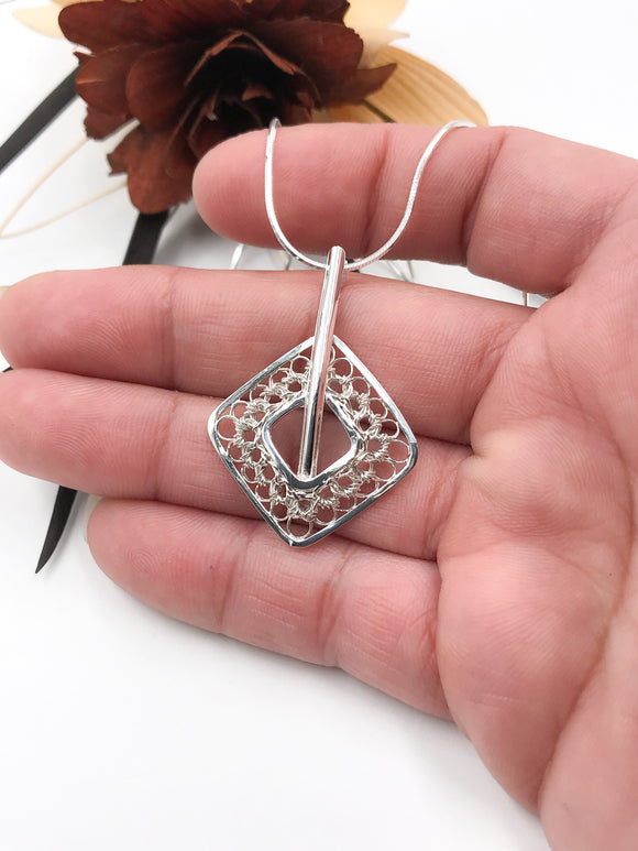 Silver Square Crocheted Wire Pendant