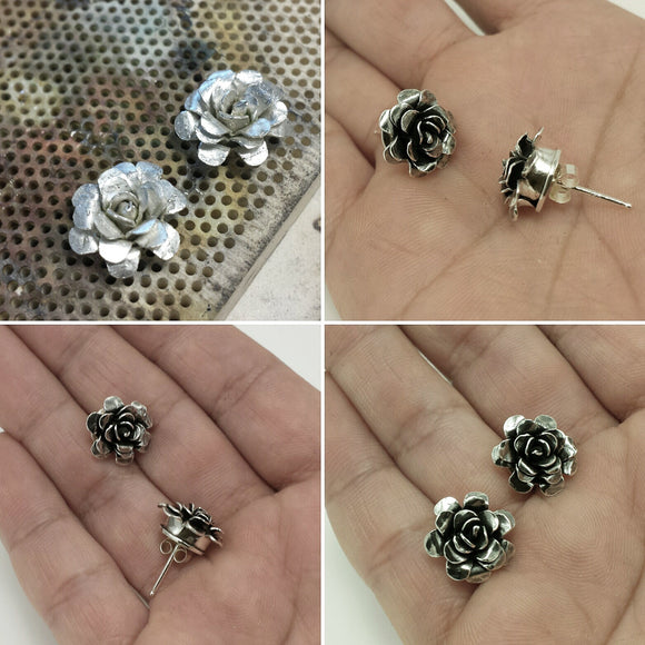 Silver Rose Blossom Stud Earrings