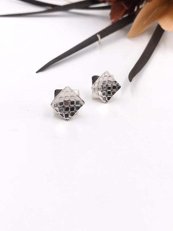 Square Patterned Silver Stud Earrings