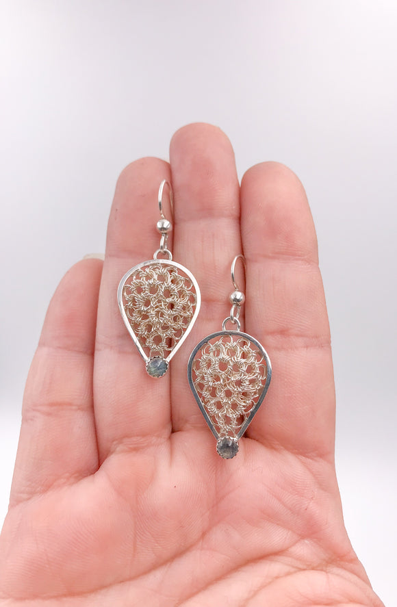 Labradorite and Silver Crocheted Wire Teardrop Dangle Earrings