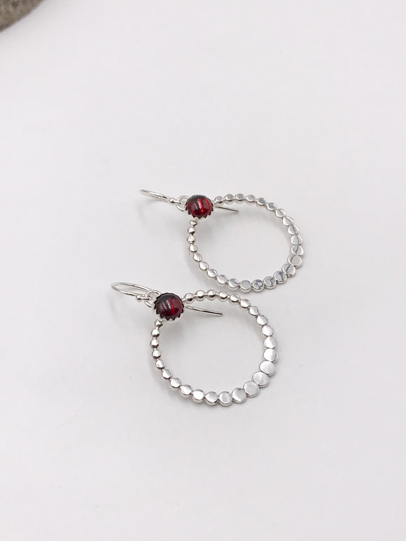 Garnet and Silver Loop Earrings